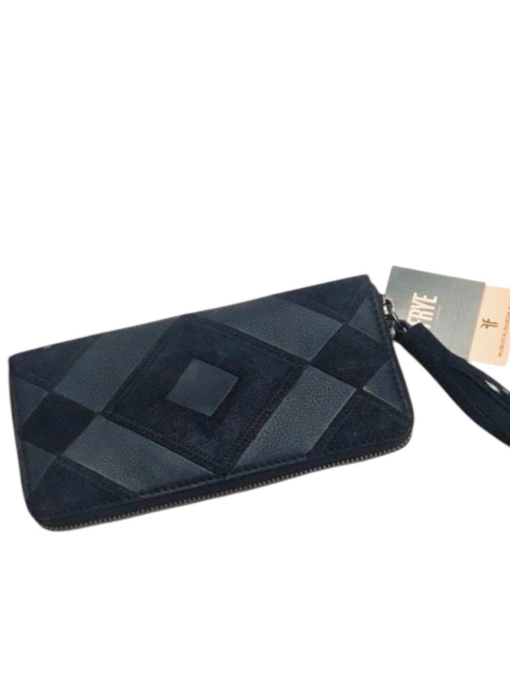 FRYE Miren Black Leather Patchwork Wallet with Tassel Zip Around NEW